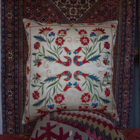 Hand-Made Sozani Silk Embroidered Cushion From Turkey