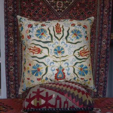 Hand-Made Sozani Silk Embroidered Cushion From Turkey