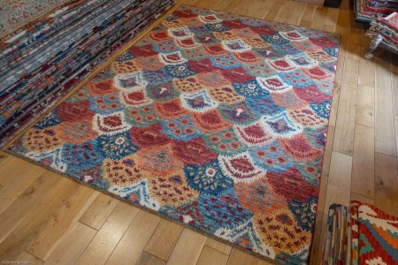 Hand-Knotted Fine Ikat Rug From Afghanistan