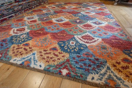 Hand-Knotted Fine Ikat Rug From Afghanistan